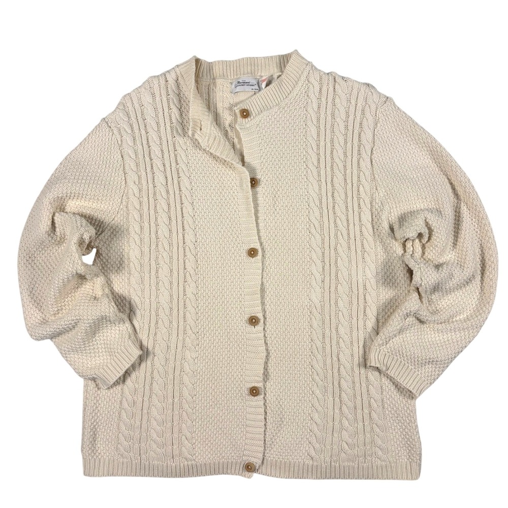 Vintage Vermont Country Store Fisherman Cable Knit Cotton Cardigan USA XL Ivory